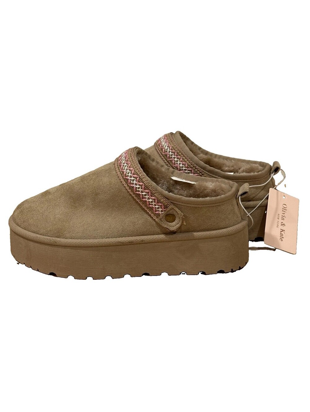 Olivia & Kate Platform Clogs Women’s 11 Tan Faux Suede Fur Lined NWT Slip On